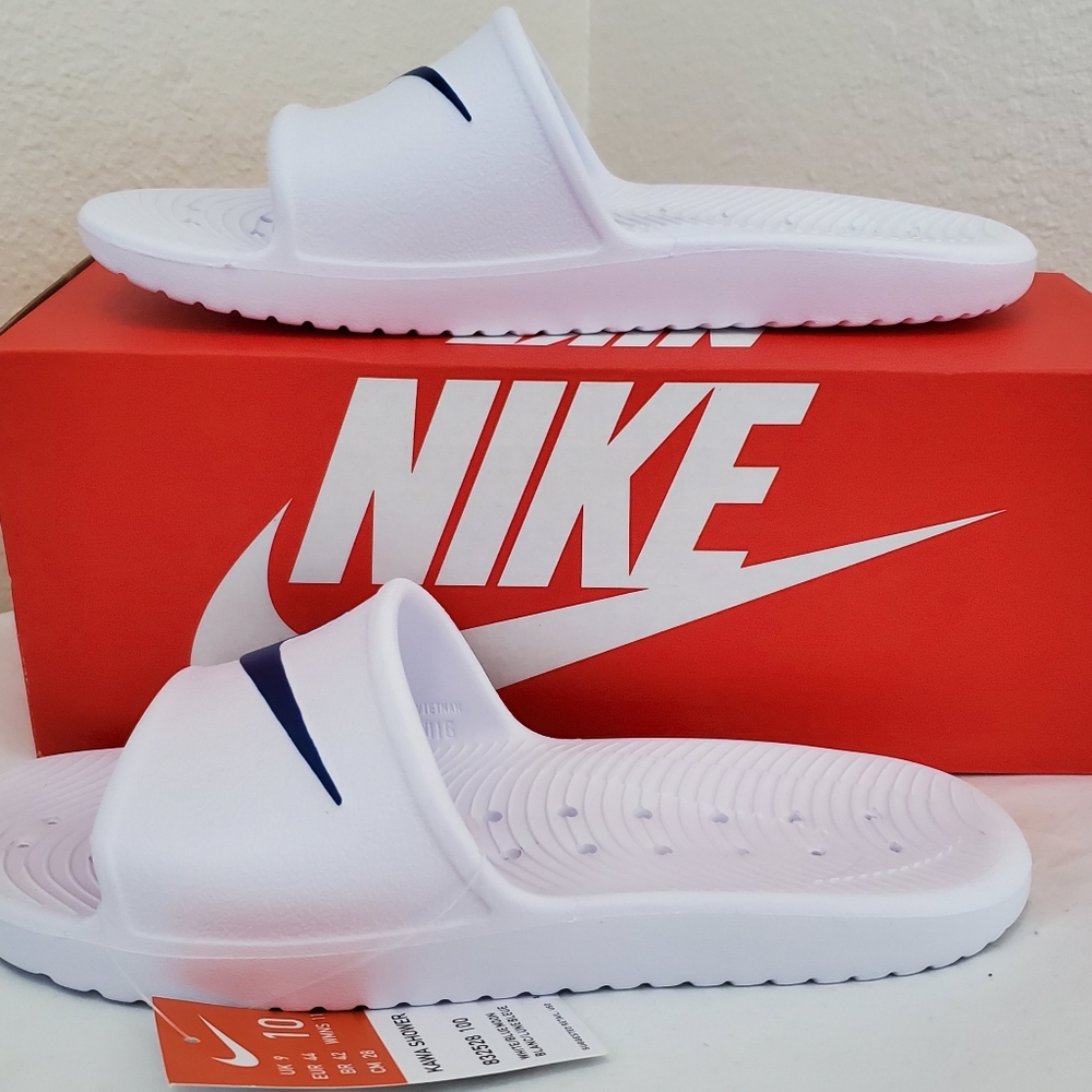 NWT mens white and blue Nike slides size 10